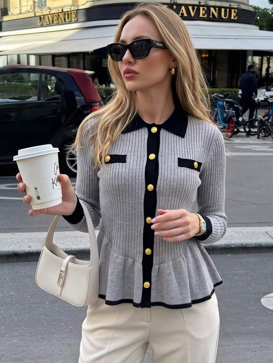 Women's Fashion Long Sleeve Knit Cardigan, Peter Pan Collar With Gold Buttons, Ribbed Knit Casual Top, Autumn/Winter Outfit - Grey - View 1