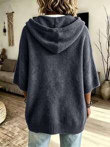 Sweatshirt Wanita Ukuran Besar Warna Polos dengan Tudung dan Tali Serut, Model Bahu Longgar Lengan 3/4, Cocok untuk Musim Gugur/Dingin - Grey - View 2