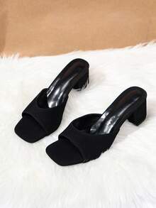 Women Summer Fashion Square Toe Open‑Toe Block Chunky Heel Slide Slippers, Faux Suede Slip On Mule Sandals For Daily Party Wear - Black - View 4