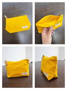 2 Colors L'Occitane Canvas Zipper Makeup Bag Solid Color Cosmetic Storage Pouch Wooden Zipper Pull Large Capacity Travel Toiletry Bag Women's Gift - Yellow - View 6
