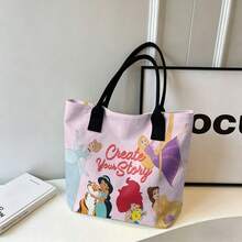 Miniso Disney Princess Series Canvas Tote Bag, Reusable Canvas Shoulder Bag, Spacious Handbag Suitable For Daily Errands, Work, School, Beach, Shopping And Casual Daily Use - White - View 5