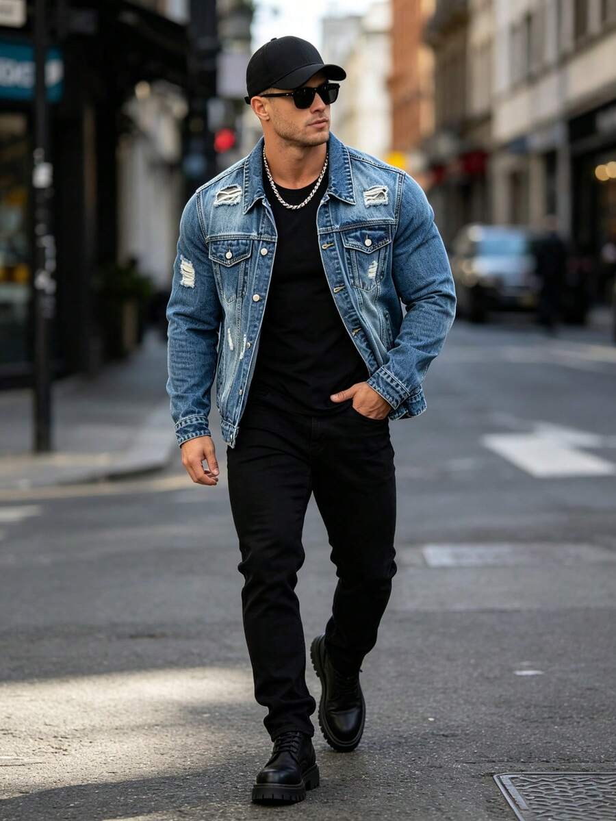Men's Mid-Wash Denim Trucker Jacket, Distressed Ripped Faded Cat-Whisker Effect, Button Front, Flap Pockets, Non-Stretch Vintage Streetwear Style - Royal Blue - View 1