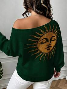 ASHKATIA Women's Plus-Size Knitted Top With Emerald Sun Pattern Print, Off-Shoulder, Autumn And Winter Lantern Sleeve Top - Multicolor - View 6