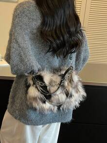 1件女款黑白漸層波點毛絨包，秋冬時尚Y2K龐克風鏈條腋下單肩包 - 黑與白 - 查看 6