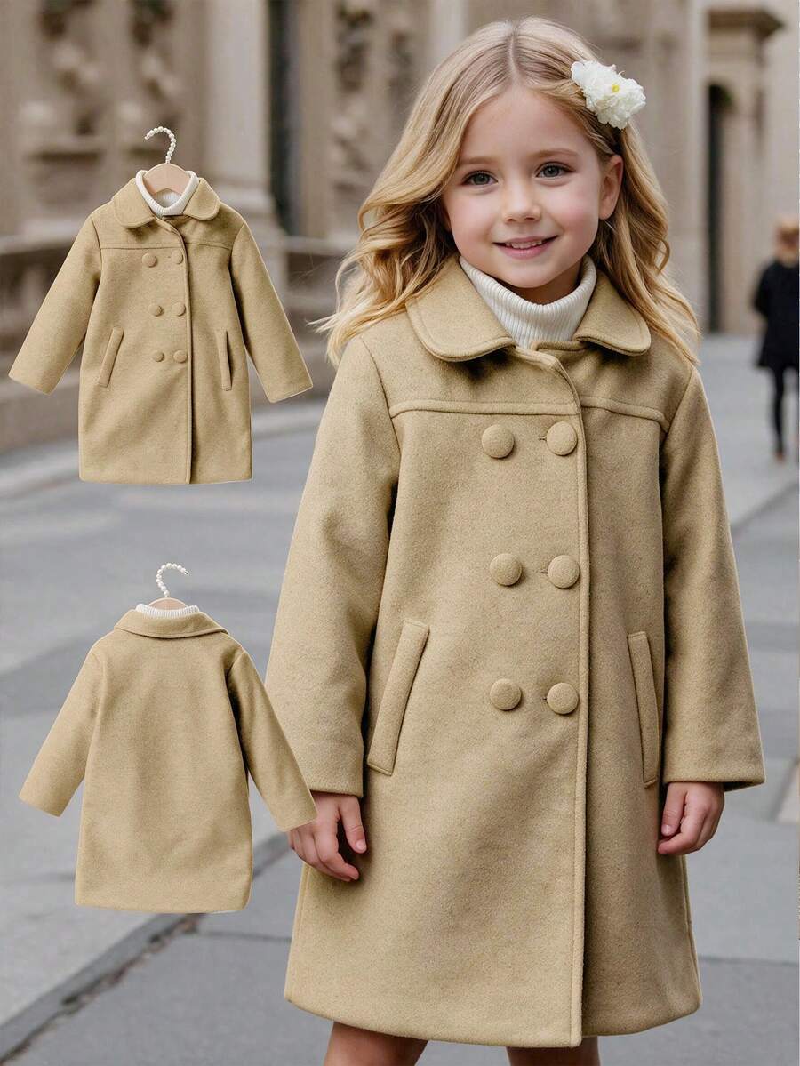 Girls' Casual Fashion Minimalist Lapel Regular Shoulder Long Sleeve Loose Mid-Length Solid Color Wool Blend Coat Winter Jacket - Khaki - View 1