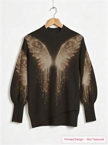 Plus-Size Women's Angel Wing Print Loose Sweater, Irregular Slanted Hem Design, Lantern Sleeves, Perfect For Autumn And Winter. - Multicolor - View 8