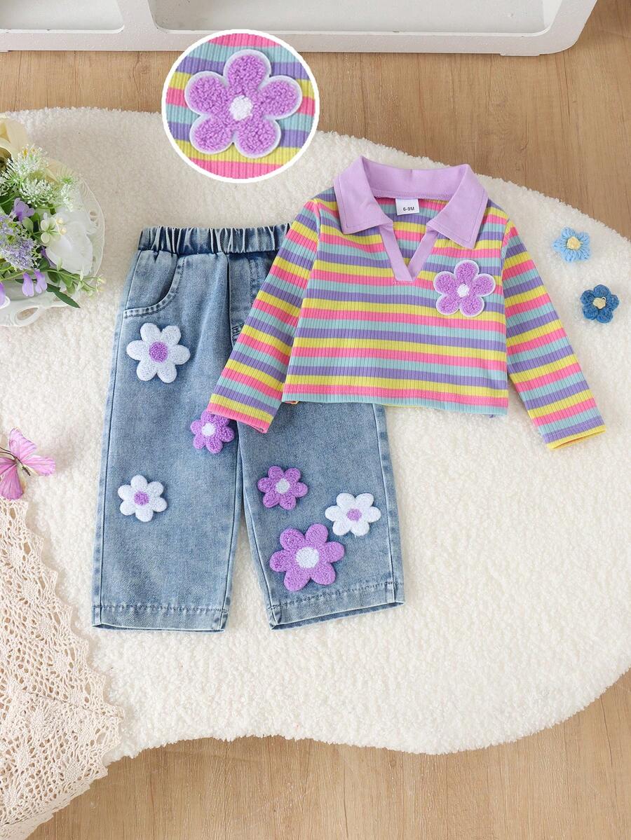 2pcs Baby Girl Casual Multi-Color Ribbed Ribbed Top & Embroidered Denim Jeans Set, Thin Spring/Autumn - Mauve Purple - View 1