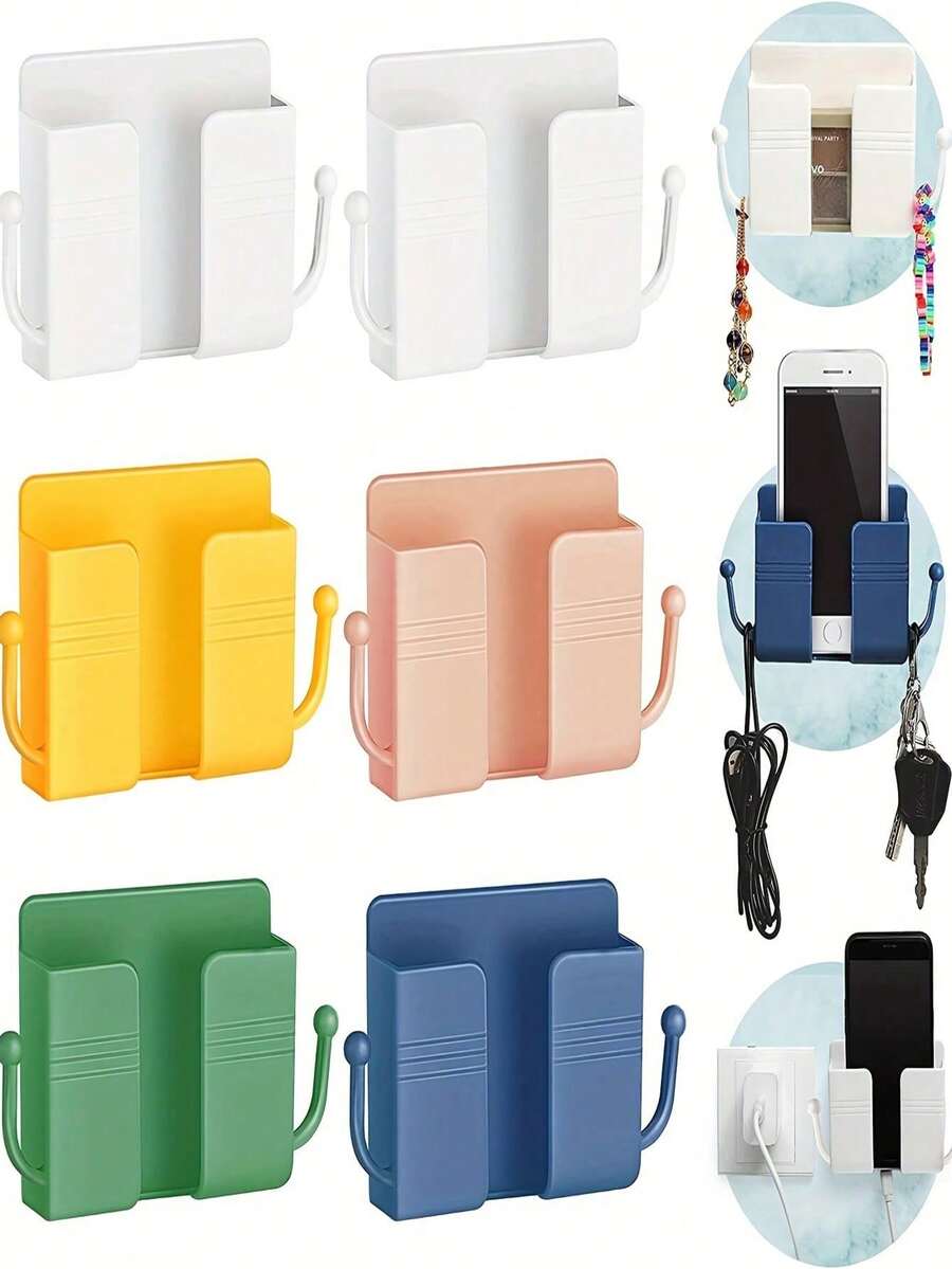 1pc Wall-Mounted Phone Holder, No-Drill Remote Control Storage Box, Multi-Function Socket Organizer Bag, Plastic Charging Phone Stand, Bedroom Remote Control Wall-Mounted Phone Holder, Remote Control Storage Box, Jewelry & Key Organizer Rack (Multi-Color Optional)