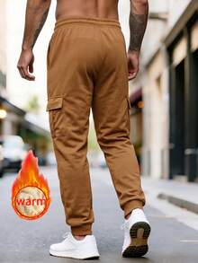 Men's Thermal Lined Thickened Sports Long Pants, Multi-Pocket Cargo Cuffed Casual Fleece Pants, Cold-Resistant Winter Men's Clothing, Outdoor Commute Men's Pants - Brown - View 4