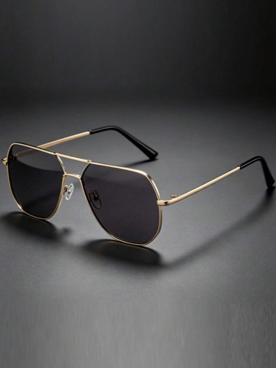 1 Pair Premium Double-Beam Metal Square Frame Luxury Outdoor Fashion Glasses, Unisex, Suitable For All Face Shapes, Great For Commuting And Driving - Gold - View 1