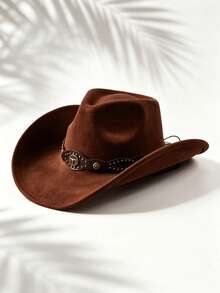 Vintage Suede Cowboy Hat, Unisex, Western Style Wide Brim Rider Hat, With Bronze Long Horn Buckle Strap, Adjustable Windproof Felt Cowboy Hat, Suitable For Horse Riding Festival, Beach Travel And Sun Protection - Suede Eye Gold Bull Head Hat - View 9