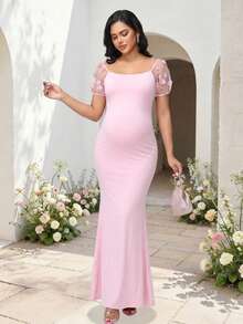 JustVH Maternity Cold Shoulder 3D Floral Long Mermaid Dress, Suitable For Baby Shower, Halloween, Autumn Party - Baby Pink - View 4