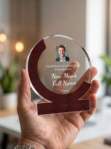 1pc Custom Photo And Text Acrylic Wood Plaque Award, Crescent Circle Personalized Trophy, Engraved Recognition Award For Leadership Excellence, Employee Appreciation Desktop Keepsake Gift - Multicolor - View 4