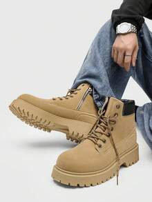 New Autumn/Winter Men's Lace-Up High-Top Ankle Boots, Thick Sole, Plus Size, Side Zipper, Motorcycle Boots, Chunky Heel, Durable Work Boots, Suitable For Outdoor, Halloween, Graduation Season, Camping, Dating, Commuting, Party - Khaki - View 2