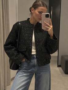 女款時尚通勤立領亮片夾克度假黑色優雅 - 黑色 - 查看 2