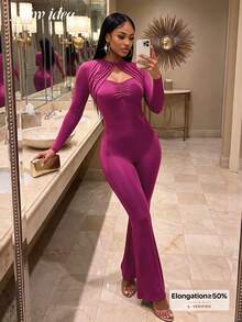 NEW IDEA Women Purple Long Sleeve Cutout Ruched Flared Jumpsuit, Slim Fit Bodycon Jumpsuit For Night Out, Cocktail Party & Dinner - Purple - View 5