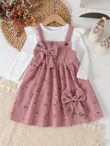 2pcs Young Girls Mori Style Comfortable Long Sleeve Top & Printed Corduroy Overall Dress Set, Thin Spring/Autumn - Pink - View 2
