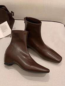 Women's Minimalist French Vintage Square Toe Chunky Heel Ankle Boots, Versatile Slimming Ankle Boots For Autumn/Winter - Brown Leather Surface - View 7