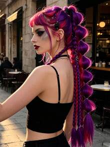 1pc 24inch Multi Colored Bubble Braided Ponytail Wig, Cool Girl Hand Braided Hair - Multicolor - View 6