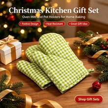 2pcs Heat Resistant Polyester Oven Gloves And Pot Holders Set, Green Coffee Plaid Double-Sided Quilted Insulated Kitchen Glove, Waterproof Non-Slip For Baking BBQ Cooking, Easy Clean Kitchen Essential Tool, Christmas Gift For Home Cooks - View 3