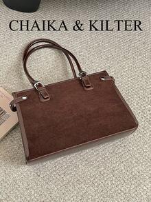 1pc Solid Color Fashion Square Suede Fabric Shoulder Bag Suitable For Commuting, Shopping, Etc. (With Pendant) - Coffee - View 12