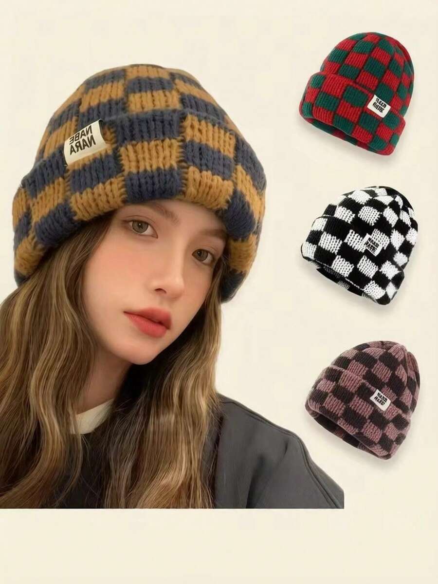 Vintage Contrast Color Checkerboard Patchwork Knit Beanie, Unisex Oversized Loose Folded Cuff Knitted Hat, Korean Style Face-Slimming Checkerboard Cap, Warm Slouchy Hat For Autumn/Winter Outdoor Travel, Multiple Colors Available - Multicolor - View 1