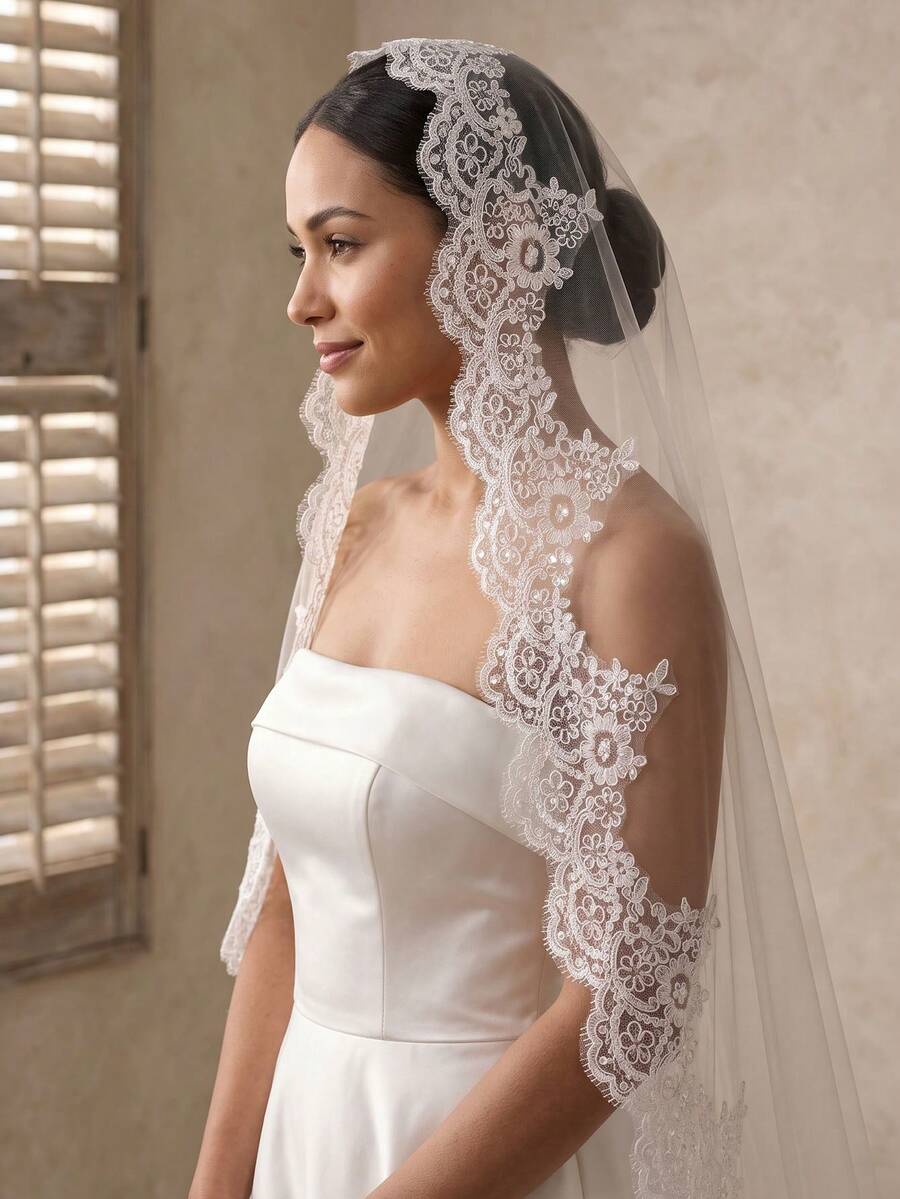 1 Pc Mantilla Wedding Veil Lace Applique With Sequins Fingertip Length Bridal Veil With Invisible Comb For Brides - Multicolor - View 1