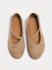 Suede Texture Asymmetrical Diagonal Edge Minimalist Mary Jane Round Toe Vegan Suede Flat Shoes Preppy College Basic Style Buckle Metal Eyelets Home Office - Mustard Yellow - View 5