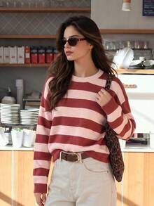 Aflion Women Summer Fall Red Pink Striped Knit Sweater, Round Neck Drop Shoulder Long Sleeve Cropped Pullover - Multicolor - View 9