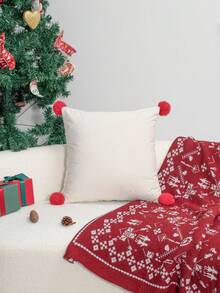 1pc Christmas Tree Embroidered Pillow Cover With Red Pom Poms, Soft Teddy Fabric Decorative Throw Pillow Case For Sofa Couch Home Xmas Decor, Cushion Cover Without Insert - Multicolor - View 7