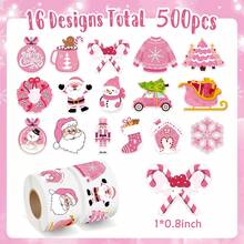 500pcs/Roll Christmas Holiday Decorative Sticker Set, Cute Pink Santa Claus, Snowman, Wreath Gift Packaging Stickers - Pink - View 2