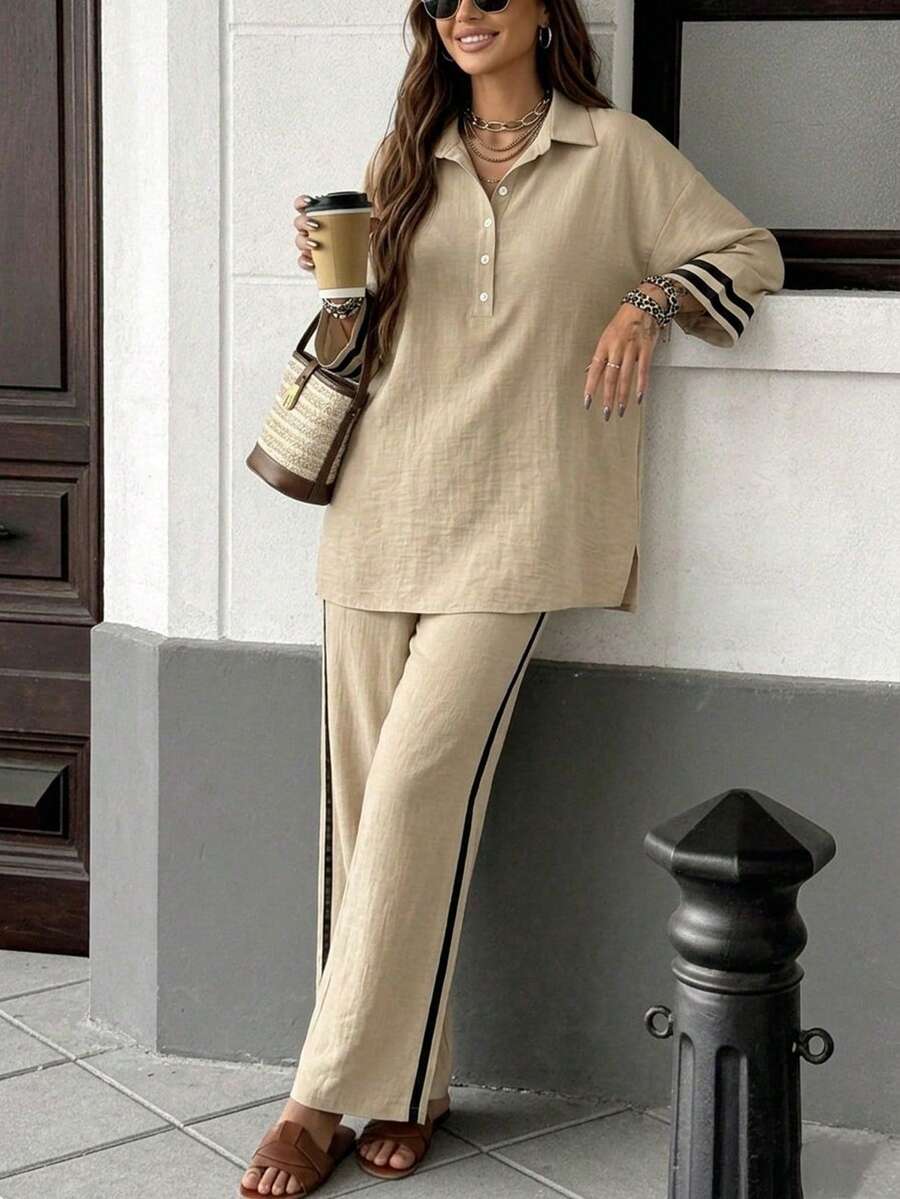 Women's Khaki 2 Pieces Set, Non-Stretch Lapel Long Sleeve Top With Wide Leg Pants, Suitable For Casual Home And Daily Wear - Khaki - View 1