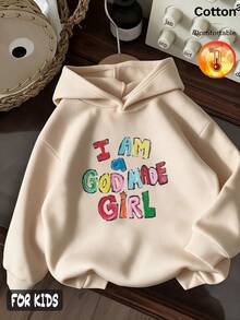 Autumn/Winter 3 Pieces Set Girls Fleece Hooded Sweatshirt Long Sleeve Colorful Letter Cartoon Print Y2K Style - Apricot + Apricot + Apricot - View 3