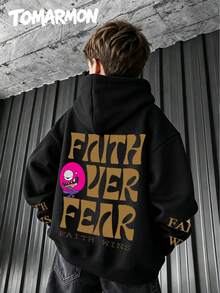 TOMARMON Pullover Sweatshirt FAITH OVER FEAR Slogan Funny Cartoon Graphic Print Long Sleeve Top Loose Fit Spring Autumn Winter Daily Wear Versatile Kids Top - Black - View 1