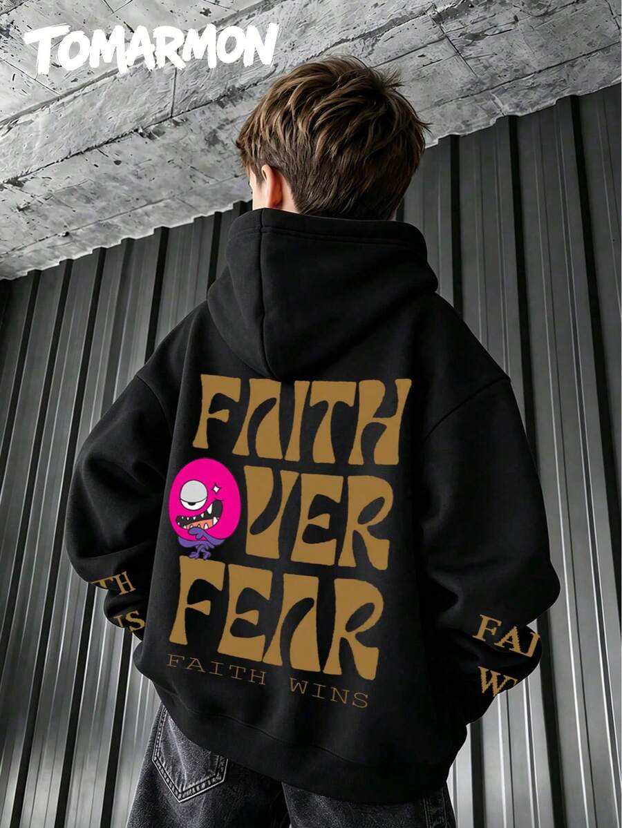 TOMARMON Pullover Sweatshirt FAITH OVER FEAR Slogan Funny Cartoon Graphic Print Long Sleeve Top Loose Fit Spring Autumn Winter Daily Wear Versatile Kids Top - Black - View 1