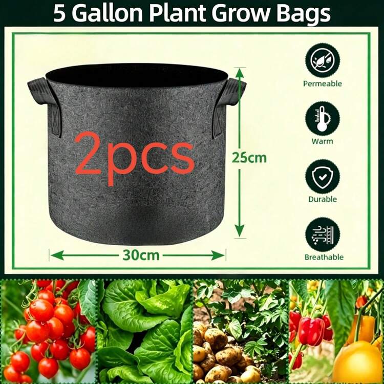 1/2/5件裝 透氣不織布植物種植袋，秋季花園種植用，附堅固提把，可重複使用布製花盆，適用於室內外園藝，適合種植蔬菜、香草、花卉與水果 - 黑色 - 查看 12