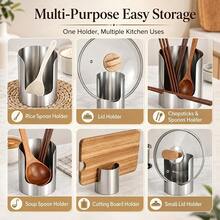 1 pieza Estante de almacenamiento de utensilios de cocina de acero inoxidable reforzado, organizador integrado para encimera, utilizado para almacenar tapas de ollas, espátulas, cucharas y tablas de cortar, un estante de herramientas de cocina estable y ahorrador de espacio adecuado para el uso diario en la cocina - Multicolor - Ver 6