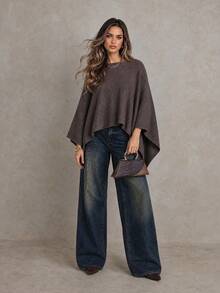 Women's Brown Cape Shawl Sweater, Autumn/Winter - Brown - View 2