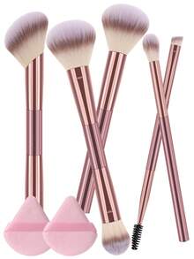 7-Piece Dual Head Makeup Brush Set, Suitable For Liquids, Creams, And Powders - Polishing, Blending, And Facial Brushes+2 Triangular Powder Puffs - Rose Gold - View 7