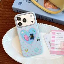 1pc Blue Pink Polka Dot Heart Cartoon Print, Cute Hand-Drawn Style Rabbit Bear Cherry Pattern, Sweet Girl Playful Style, IMD Film Process, Soft Edge Full Coverage Phone Case, Contrast Color Lens Frame Design, Precise Cutouts, Comfortable Grip, Suitable For All Series, Full Of Playful Cartoon Elements, Essential Item For Energetic Girls - Blue - View 4
