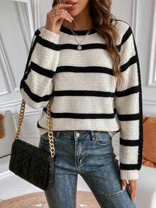 Women's Casual Striped Knit Crew Neck Long Sleeve Sweater, Versatile Fashion Knitwear For Spring & Autumn - Black and White - View 5