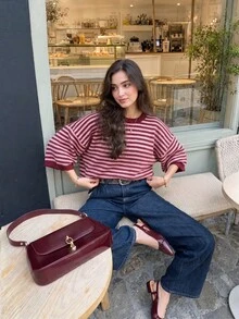 Women's New Autumn Contrast Color Striped Knit Top, Casual Daily Commute College Style - Maroon and Pink - View 3