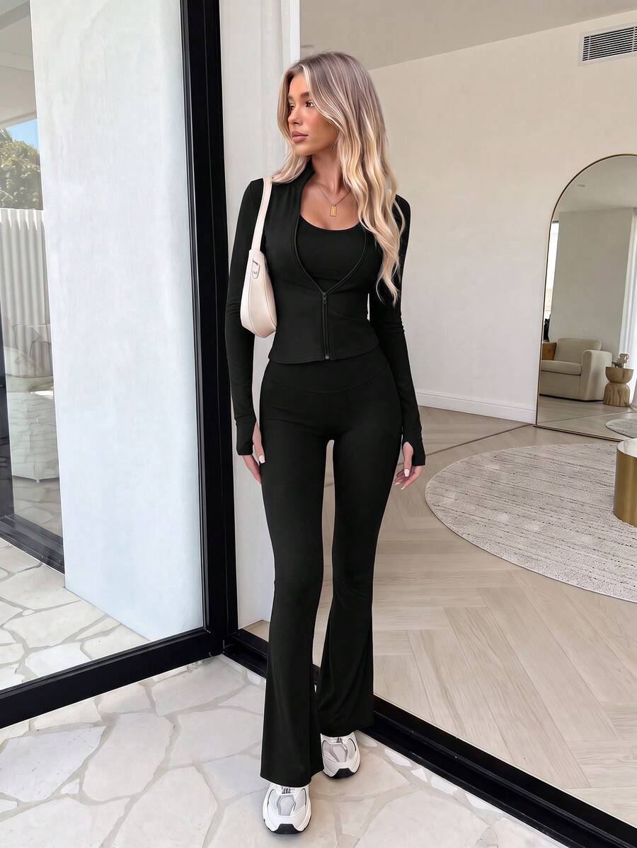 Women's Autumn/Winter Solid Color Stand Collar Zip-Up Long Sleeve Jacket + High Waist Butt-Lifting Tummy Control Flare Pants 2 Pieces Set Elegant - Black - View 1