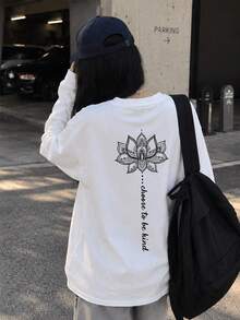 Women's Fashion Autumn/Winter Loose Minimalist Versatile Letter & Floral Print Long Sleeve T-Shirt - White - View 5