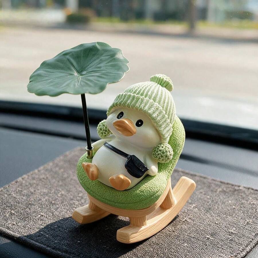 yucen Cute Duck Car Ornament Office Desk Decor Stress Relief Healing Fun Desktop Figurine Tea Pet Rocking Chair Lotus Leaf Duck - A - View 1