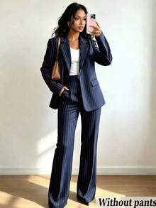 RNU Blazer Wanita Bergaris Biru Tua dengan Lapisan Dalam, Bahu Berbantalan & Saku, Jaket Komuter Serbaguna, Gaya Musim Gugur/Dingin Terbaru untuk Pesta & Pakaian Sehari-hari - Navy Blue - View 1