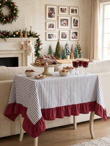 1pc Blue & White Striped Patchwork Red Bottom Edge Tablecloth, Country Vintage Style Rectangular With Red Ruffle Hem Decor, Protects And Beautifies Tabletop, Suitable For Christmas, Holiday And Winter Home Decor - Blue - View 7