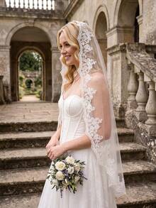 1pc Fingertip Length Bridal Veil, Lace Trim Mantilla Style, With Comb, Bridal White And Ivory - Multicolor - View 7