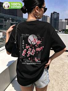 Plus Size Women's Washed Cotton Short Sleeve T-Shirt, Floral Pattern, Double-Sided Print, Halloween Autumn Plus Size Clothing Casual Black - Black - View 9