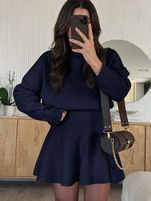 PoPoHouse Autumn/Winter Women's Faux Collar Long Sleeve Knit Dress, Gentle Elegant High Waist A-Line Short Style, Suitable For Daily Commute - Navy Blue - View 3